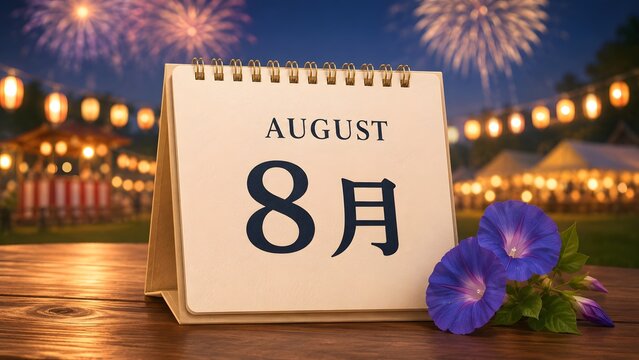 Desk calendar displaying August 8 with Japanese kanji alongside purple morning glory flowers at a traditional summer festival with fireworks.