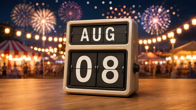 Vintage mechanical flip calendar showing August 08 on a wooden table with a lively night carnival and fireworks display in the background.