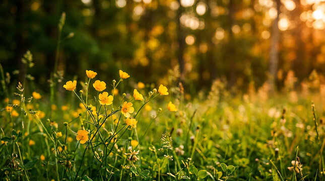 Yellow buttercup flowers in a sunlit meadow at sunset