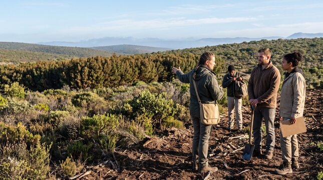 Restoration crew plans invasive plant removal in fynbos landscape