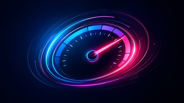 Futuristic digital speedometer dial glowing with neon blue and pink lights showing high speed acceleration and technological performance.