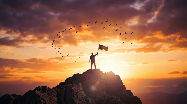 Silhouette of a successful person standing on a mountain peak holding a flag during a beautiful golden sunset