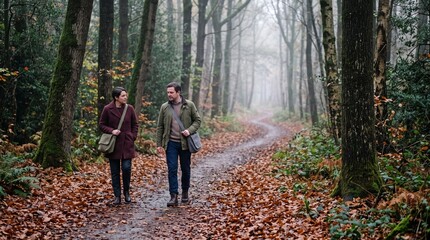 Fototapeta premium Commuters begin a mindful walk through autumn woodland at dawn