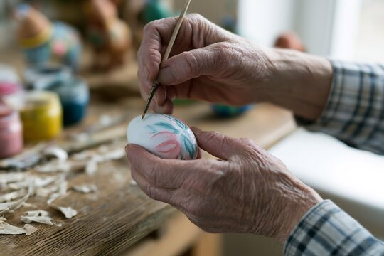 Senior hands painting delicate floral pattern on easter egg with brush in workshop for traditional craft and hobby concept