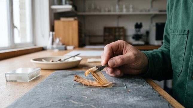 Conservator prepares a timber microsection for source verification