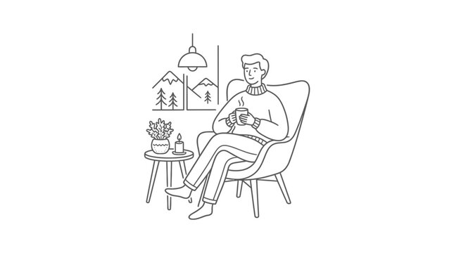 Cozy man relaxing in an armchair with hot drink and mountain view window illustration