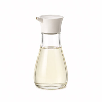 Clear glass bottle with white lid containing liquid