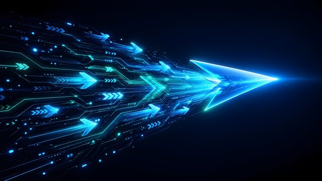 Futuristic abstract glowing cyber arrow moving at high speed representing digital transformation and technology advancement.