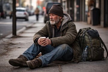 Fototapeta premium An elderly man in worn clothes sits on a city sidewalk holding a cup, with a large backpack and water bottle beside him, appearing contemplative and weathered.