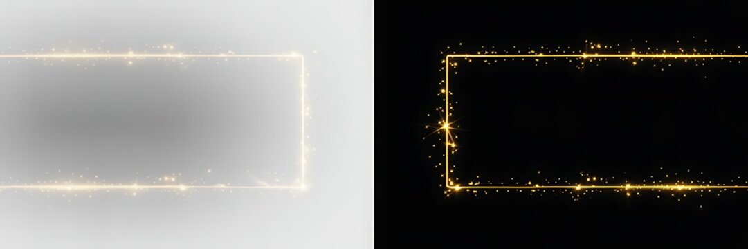 Golden Rectangular Frame with Glittering Particles on White and Black Backgrounds