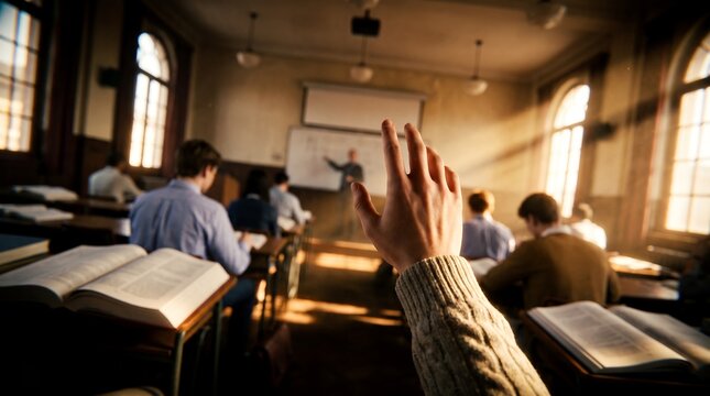 Raised hand in a sunny classroom showing student participation, active learning environment and classroom lecture, representing academic engagement and educational curiosity