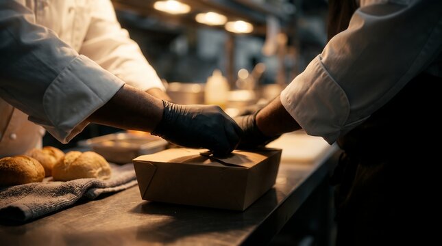 Professional kitchen chefs in black gloves showcasing food packaging, takeaway preparation and craft box sealing, illustrating culinary service and takeout order efficiency