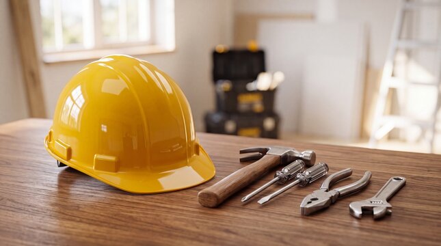 Yellow construction hard hat with tools on wooden table with resting wooden surface safety helmet resting