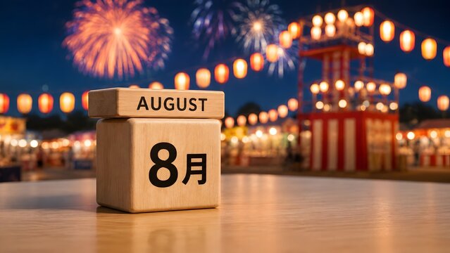 Wooden block calendar showing August 8 date on a table with a Japanese summer festival background featuring lanterns and fireworks.