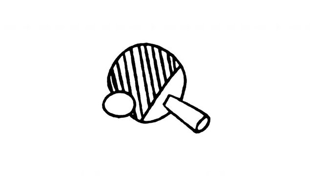 4K hand drawn table tennis paddle and ball pop-up icon featuring boiling line animation. Frame by frame line art on black and green screen backgrounds for ping pong game, indoor sports match.