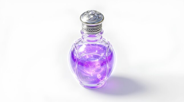 Glowing purple potion bottle on white background.