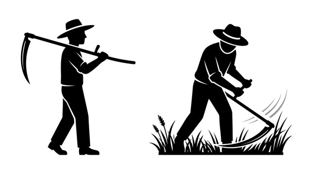 Silhouette farmer carrying a sharp scythe and mowing tall grass blades with a vintage rustic tool