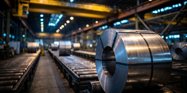 Rolled steel coils in factory showcasing metal roll production, conveyor machinery and industrial plant interior, representing metallurgical manufacturing and heavy industry