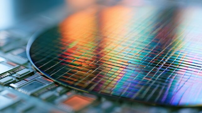 Semiconductor Wafer nanotechnology fabrication innovation high performance computing selective focus clean room ethereal Multilayer silicon fabrication equipment.