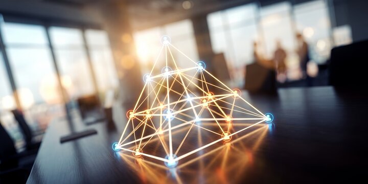 Glowing digital organizational pyramid structure showcasing network connection nodes, corporate hierarchy and business leadership, representing team management and organizational growth