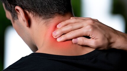 Fototapeta premium Person massaging sore neck with pain highlighted