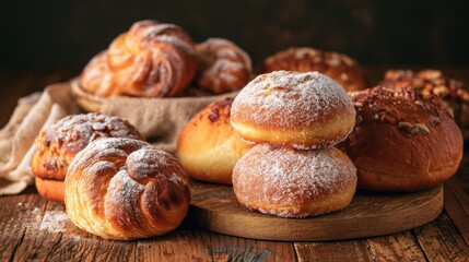 Fototapeta premium Assortment of freshly baked soft bread and sweet pastry with powdered sugar on wooden board rustic table background in warm natural light