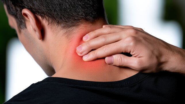 Person massaging sore neck with pain highlighted