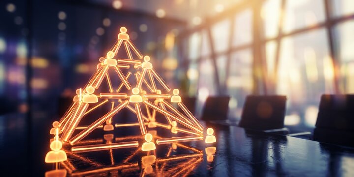 Glowing organizational pyramid structure showcasing corporate hierarchy, team connections and leadership network, symbolizing business strategy and management coordination