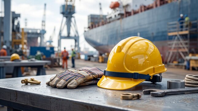 Yellow safety helmet protective work gloves industrial tools resting metal workbench shipyard construction site