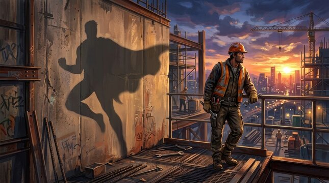 Construction worker's superhero shadow against urban sunset development