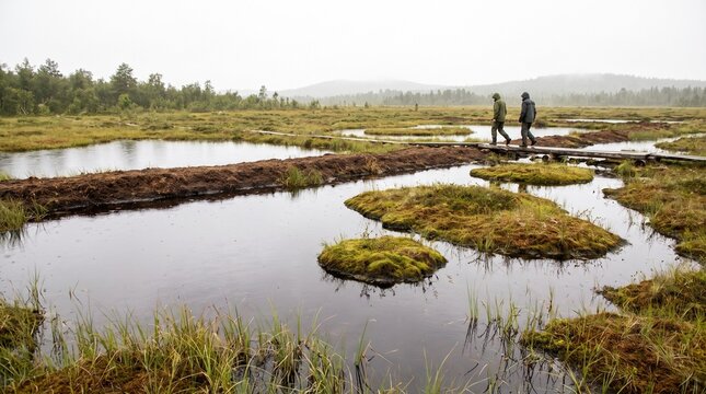 Rewetted Finnish peatland landscape with water-retaining berms
