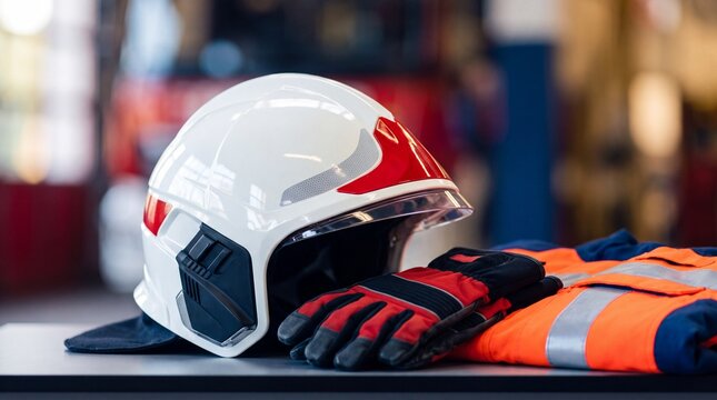 White safety helmet with orange high visibility jacket with jacket gloves table displays white hard hat