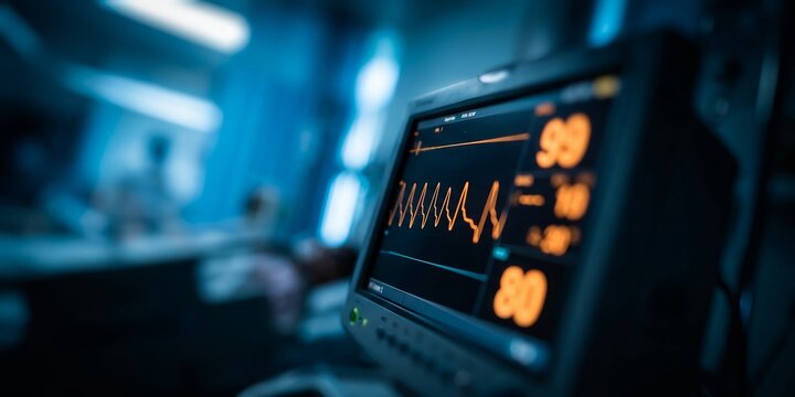 Patient monitor screen featuring heartbeat electrocardiogram wave, vital signs readout and digital pulse rate, representing intensive care treatment and medical life support