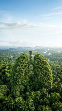 Giant human lung seamlessly merging with the Amazon rainforest canopy, representing the lungs of the planet, clean air, biodiversity and climate balance