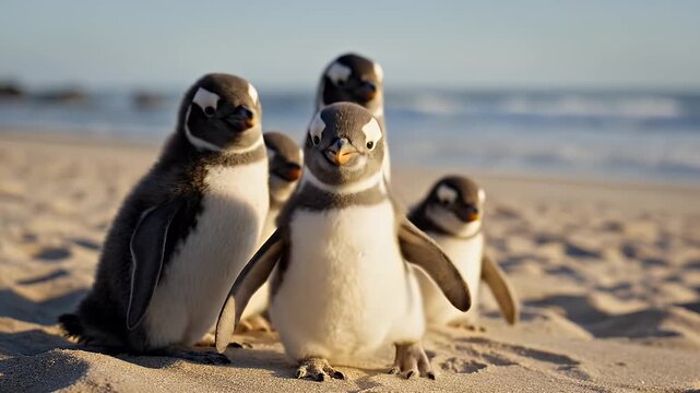 A Playful Family of Penguins on a Sunlit Sandy Beach Near the Ocean Shore