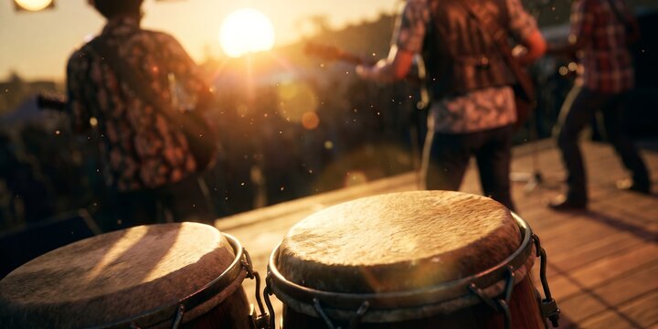 Conga drums on an outdoor stage showcasing band performance, golden sunset lighting and live audience atmosphere, representing musical festival energy and outdoor summer entertainment