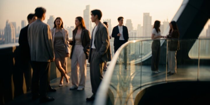 Group of young business professionals on a rooftop balcony showcasing urban skyline, sunset light and modern corporate attire, representing professional networking and executive collaboration
