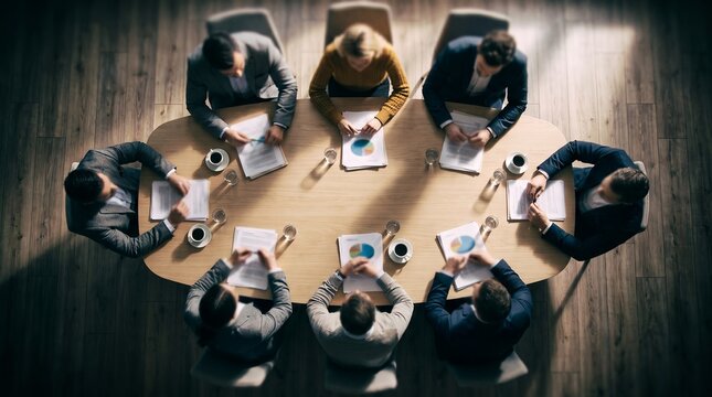 Overhead view of business executives sitting around boardroom table showing corporate meeting, financial reports and strategy planning, representing teamwork collaboration and executive leadership