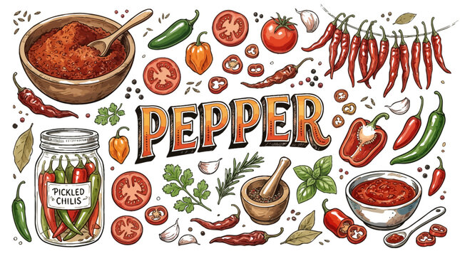 Hand drawn illustration featuring assorted chili peppers tomatoes garlic herbs and spices on beige background