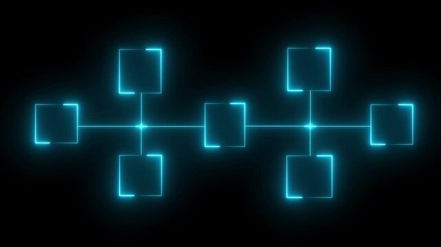 Neon line cubes with human icons connected by arrows and central cube with red check mark symbolizing teamwork and approval in network animation concept on a black background