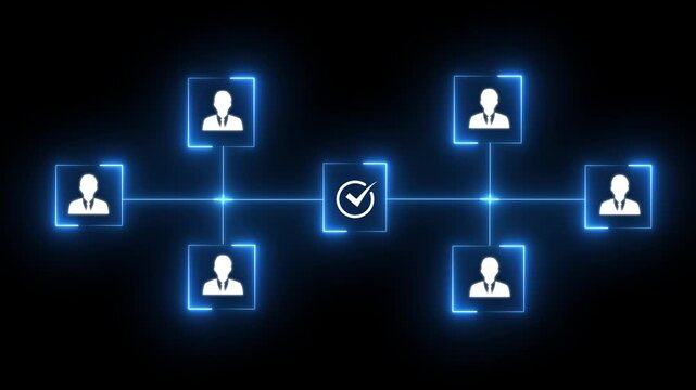Neon line cubes with human icons connected by arrows and central cube with red check mark symbolizing teamwork and approval in network animation concept on a black background