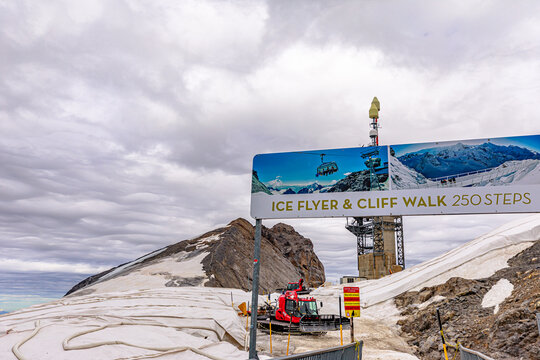 Titlis, Engelberg, Switzerland - Aug 27,2020: station of Ice-Flyer chair lift of Titlis mountain peak of Uri alps at 3040 m. Located in cantons of Obwalden and Bern, Switzerland, Europe, Summer season
