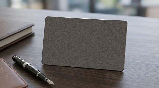 Blank Metallic Business Card Mockup on Wooden Desk with Pen