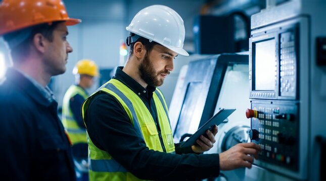 Industrial engineers in modern factory showcasing smart automation, digital tablet control and machine operation, representing manufacturing efficiency and modern industry technology