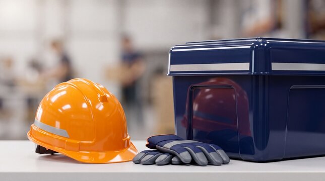 Orange construction helmet and blue toolbox on white table with blurred background with displays bright orange