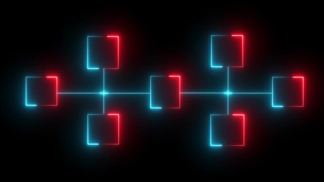 Neon line cubes with human icons connected by arrows and central cube with red check mark symbolizing teamwork and approval in network animation concept on a black background