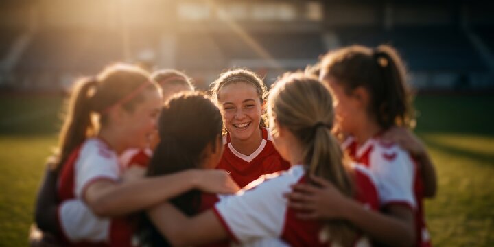 Young female soccer players hugging in a team huddle showcasing smiling faces, athletic sportsmanship and outdoor sunset lighting, representing team unity and youth empowerment