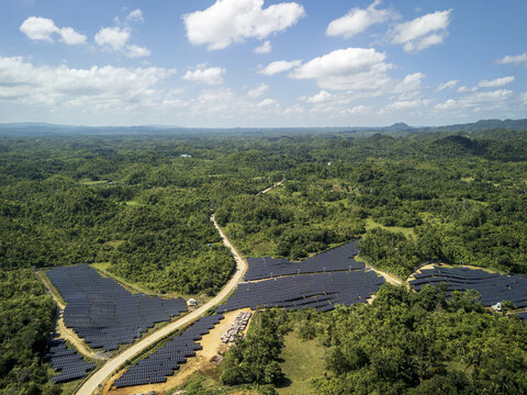 Aerial view of Sikatuna Solar Power Plant featuring rows of solar panels nestled among lush green hills and tropical vegetation under a blue sky in Sikatuna, Central Visayas, Philippines.