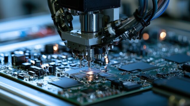 Surface Mount Technology component placement robotics efficiency smart factory close up advanced assembly line dynamic Overlay precision fabrication environment. 