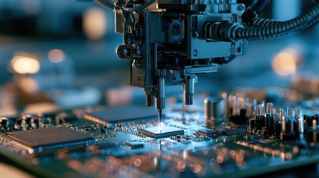 Surface Mount Technology component placement robotics efficiency smart factory close up advanced assembly line dynamic Overlay precision fabrication environment. 
